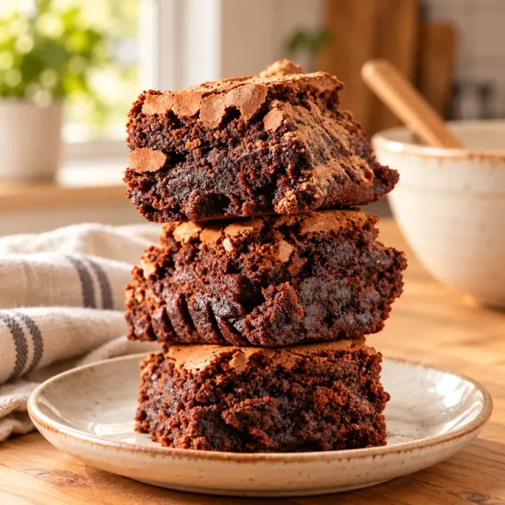 Brownies com casquinha e interior de chocolate sobre um prato de cerâmica, com pano e utensílios de cozinha ao fundo