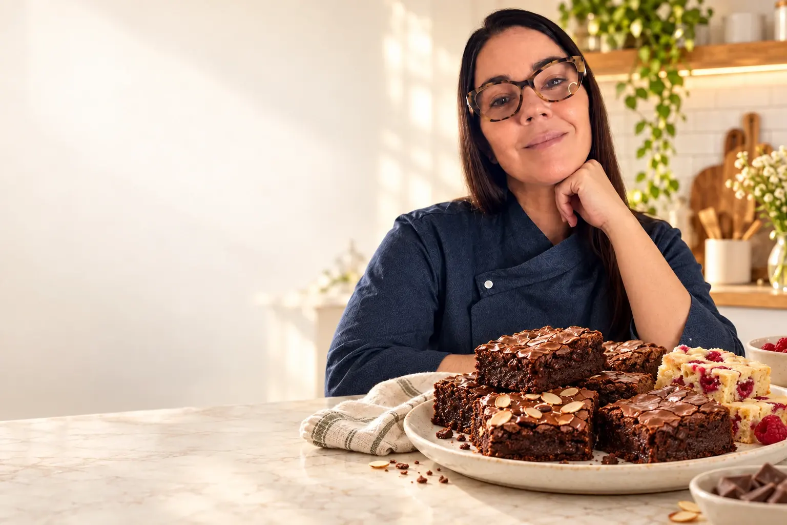 Composição ilustrativa da Chef Cris Chabassus com brownies de chocolate e blondie de frutas vermelhas em uma cozinha